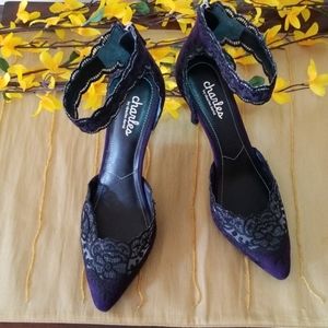 RARE-Charles David Embroidered Ankle Strap Pumps